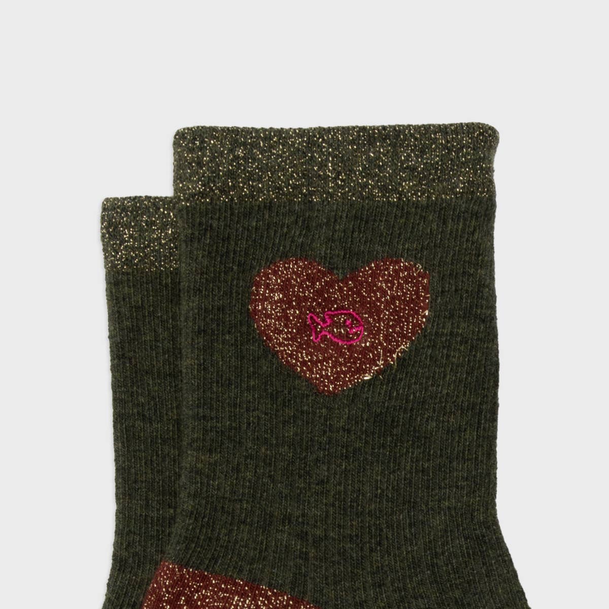 Calzini in cotone pettinato con cuore glitter verde scuro