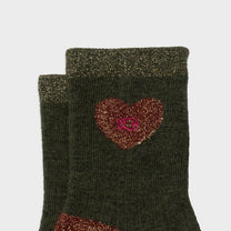 Calzini in cotone pettinato con cuore glitter verde scuro