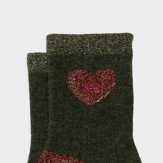 Calzini in cotone pettinato con cuore glitter verde scuro