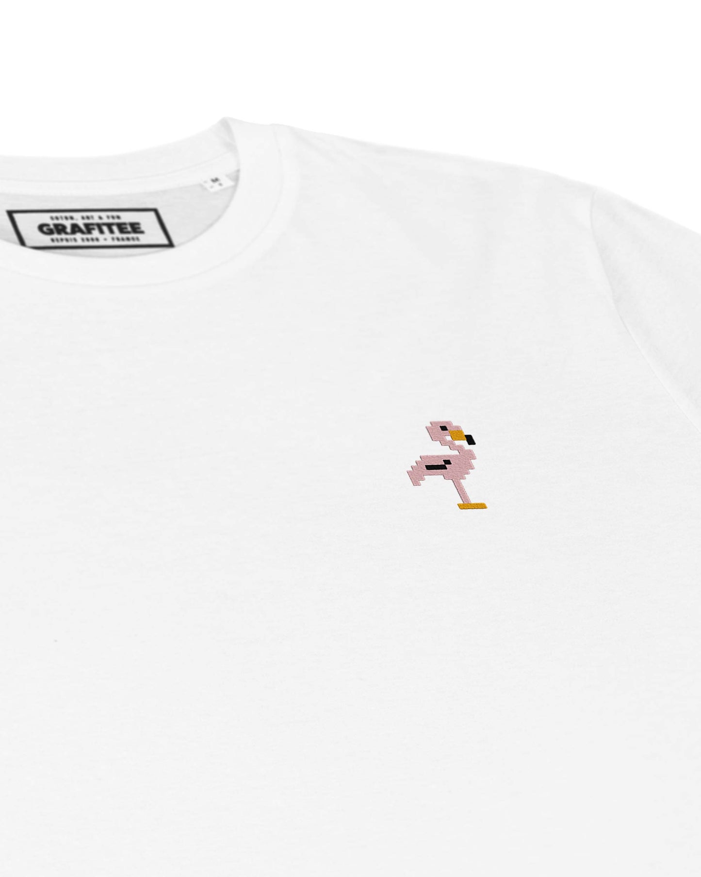 T-shirt bianca con ricamo fenicottero rosa in cotone biologico