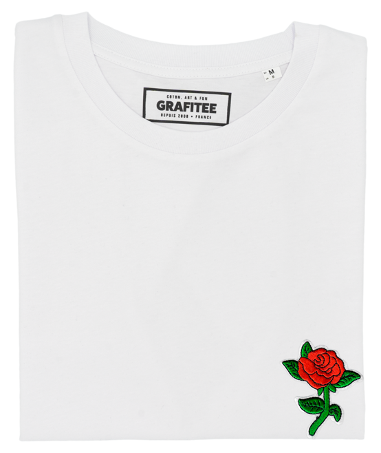 T-shirt bianca con rosa ricamata in cotone biologico