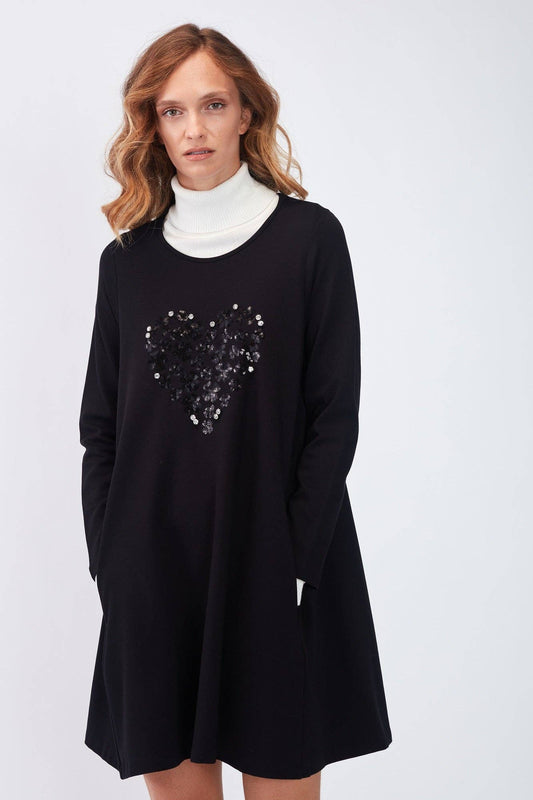 Abito nero Heart in lana con applicazione di paillettes