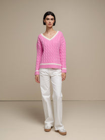 Maglione donna a trecce con scollo a V