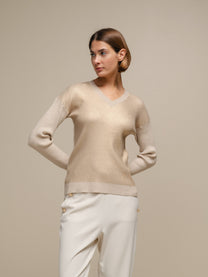 Maglione donna laminato a costine con scollo a V