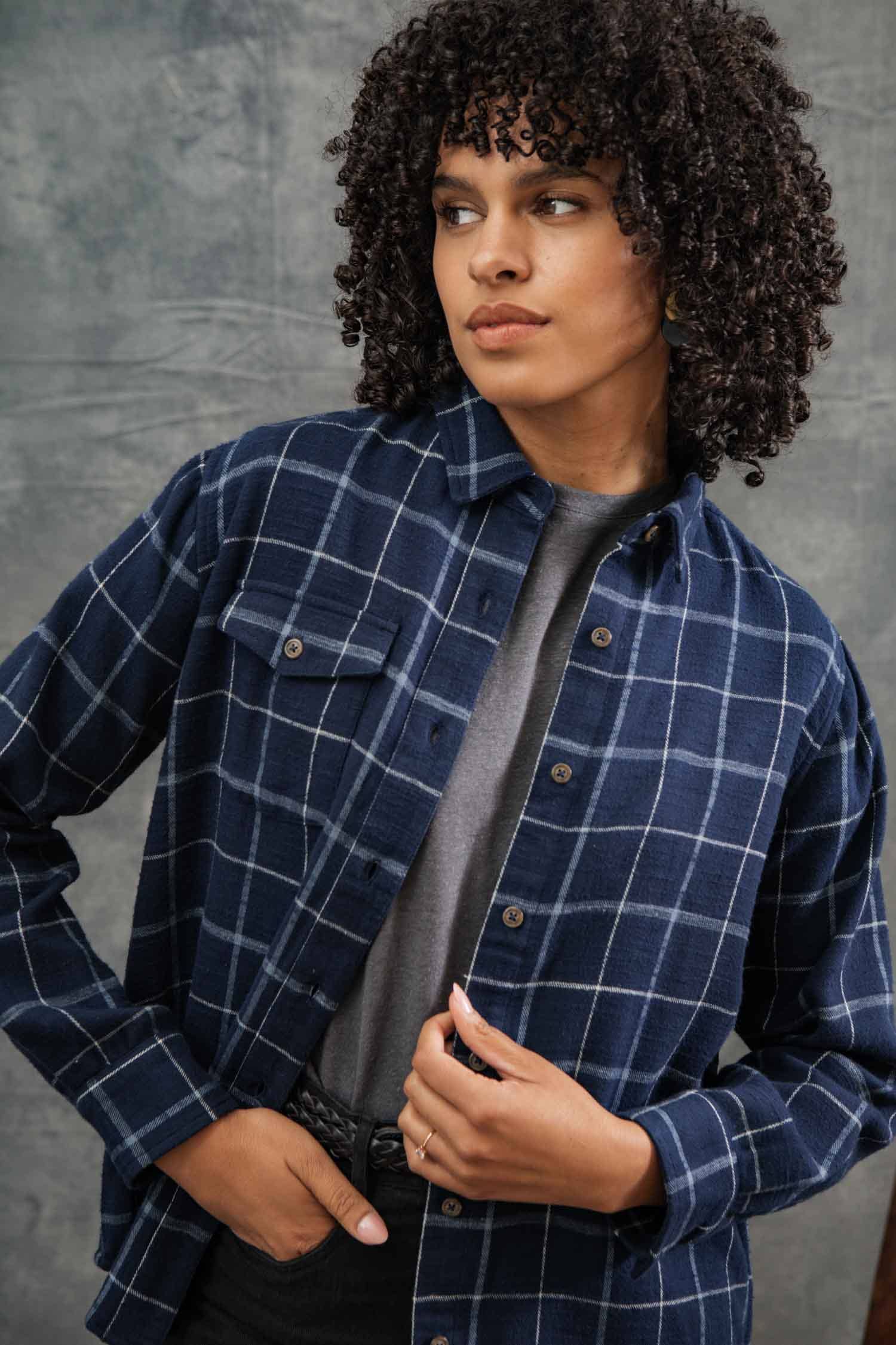 Camicia Bird a quadri blu in cotone biologico