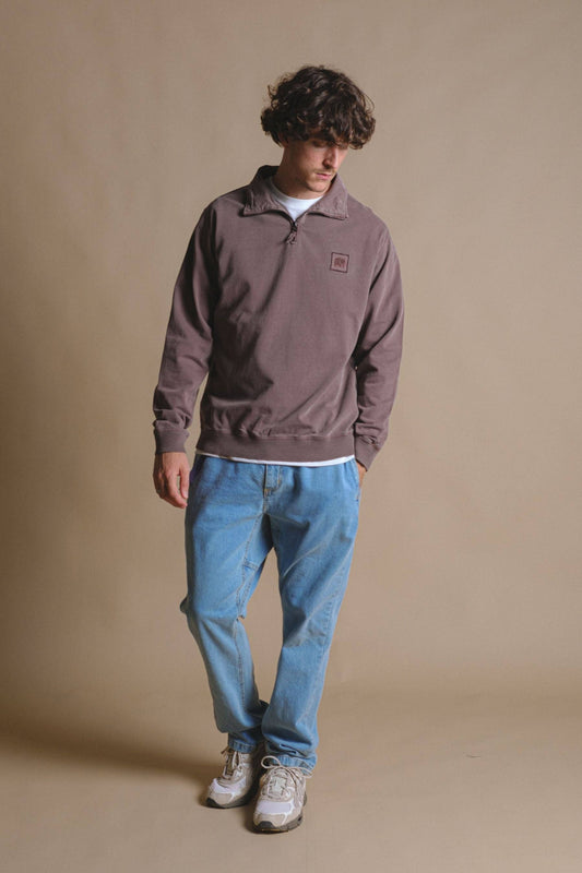 Maglione uomo con zip a un quarto color castagna tinto a pigmenti