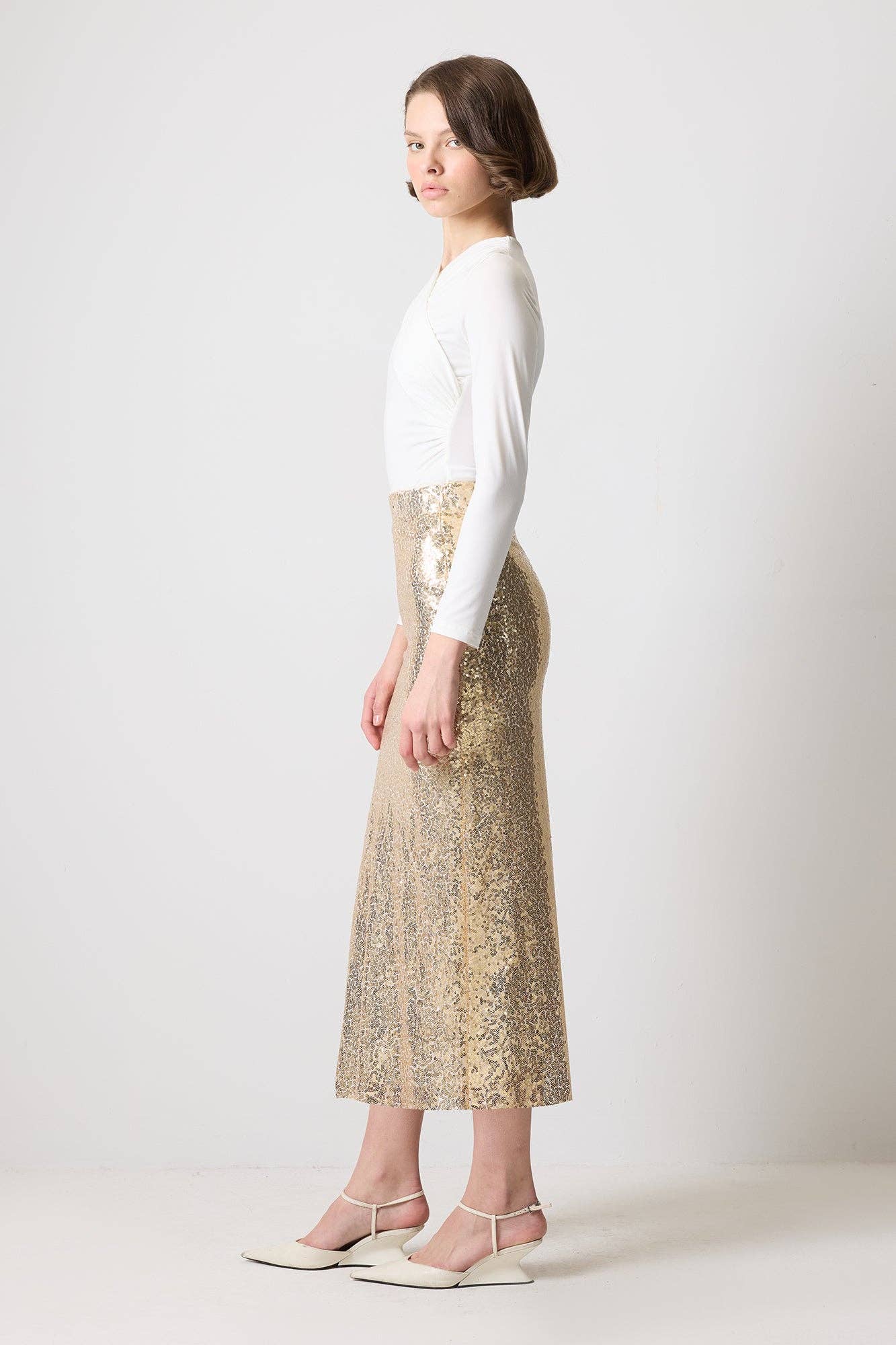 Gonna midi a vita alta in paillettes oro