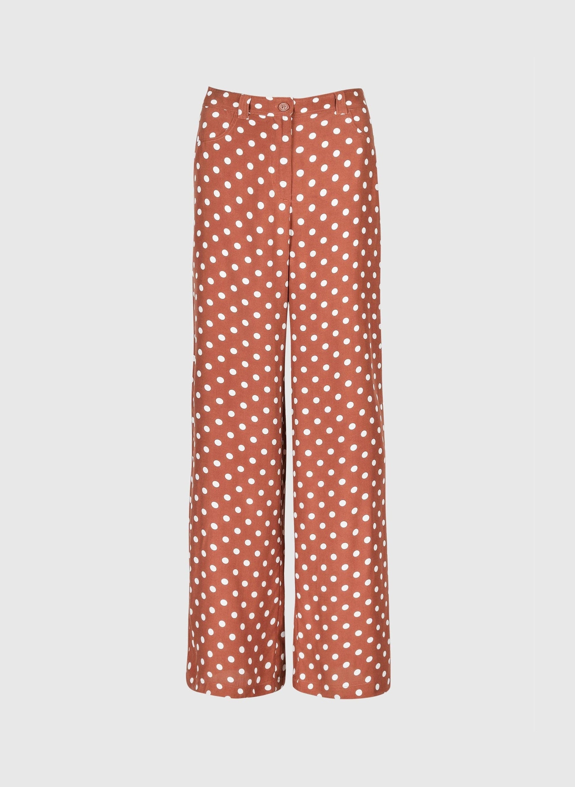 Pantaloni flare a pois caramello a vita alta