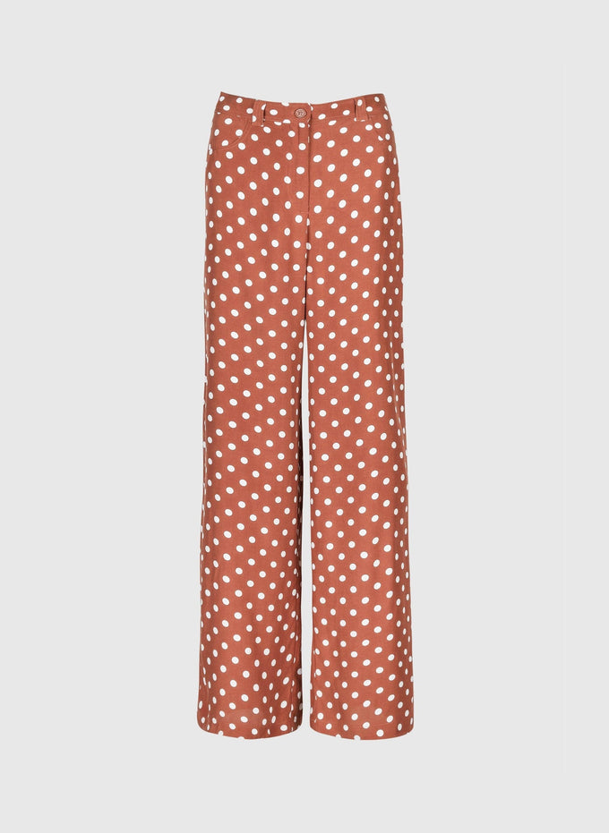 Pantaloni flare a pois caramello a vita alta