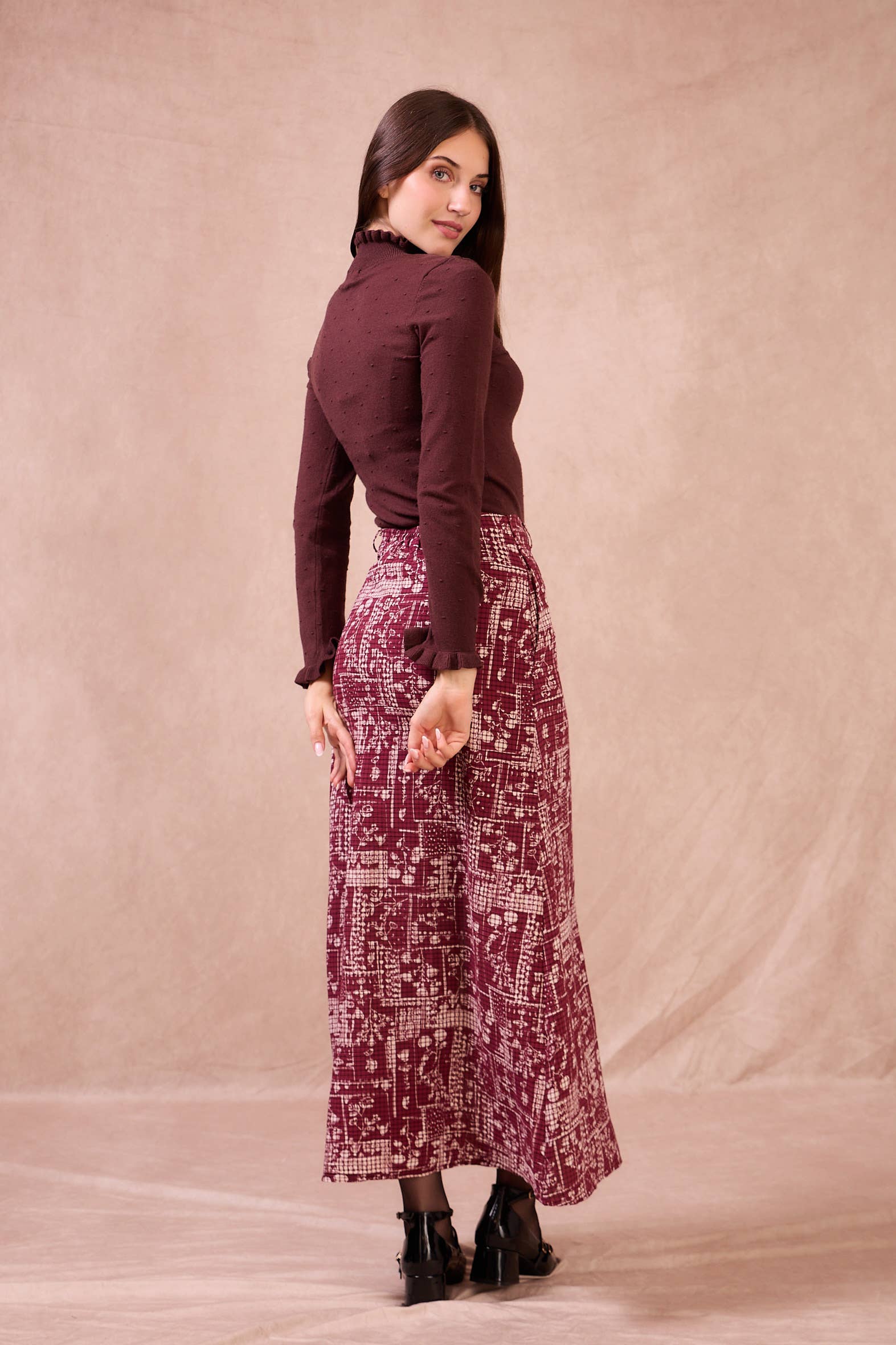 Gonna lunga boho bordeaux con spacco laterale