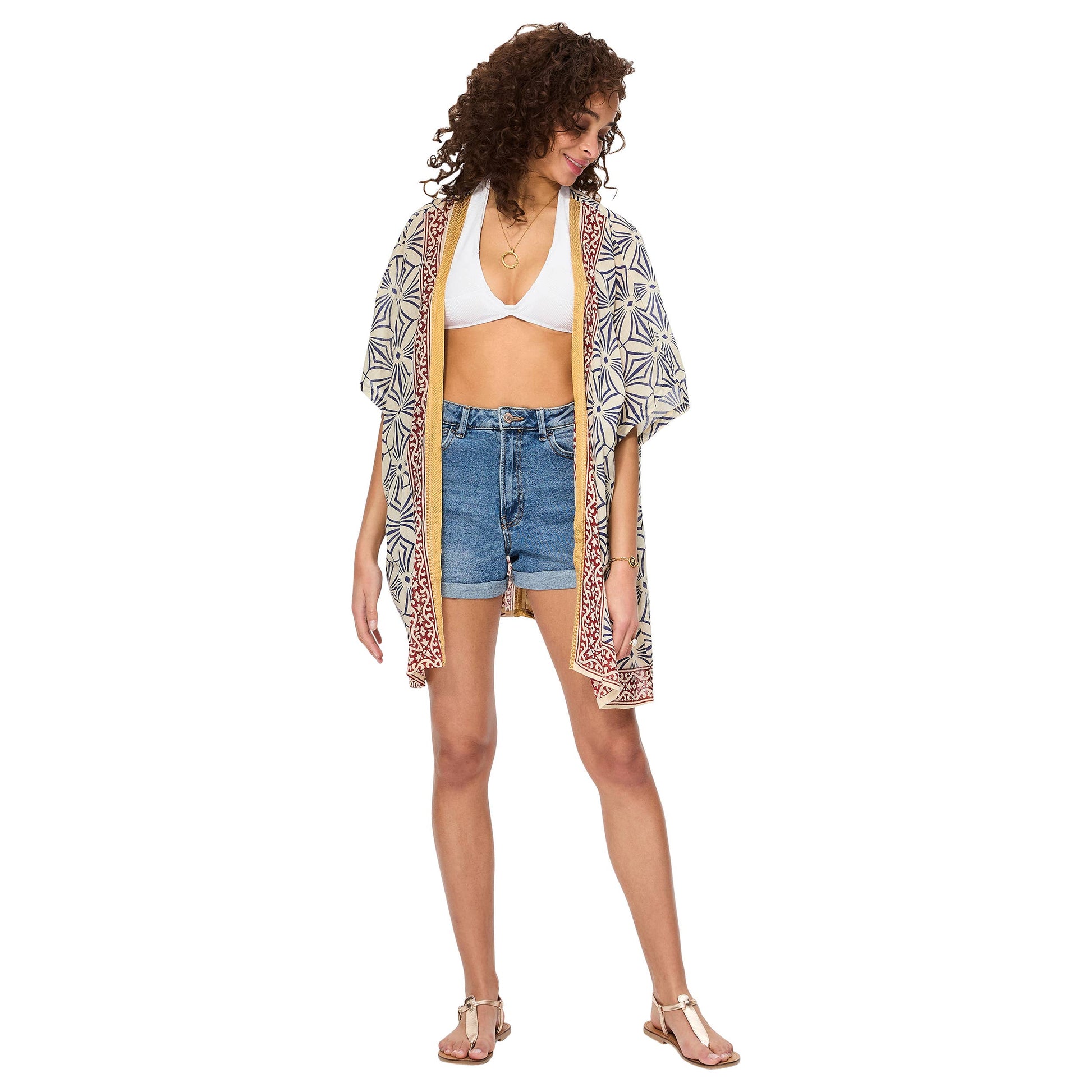 Kimono estivo midi boho in cotone con stampa geometrica