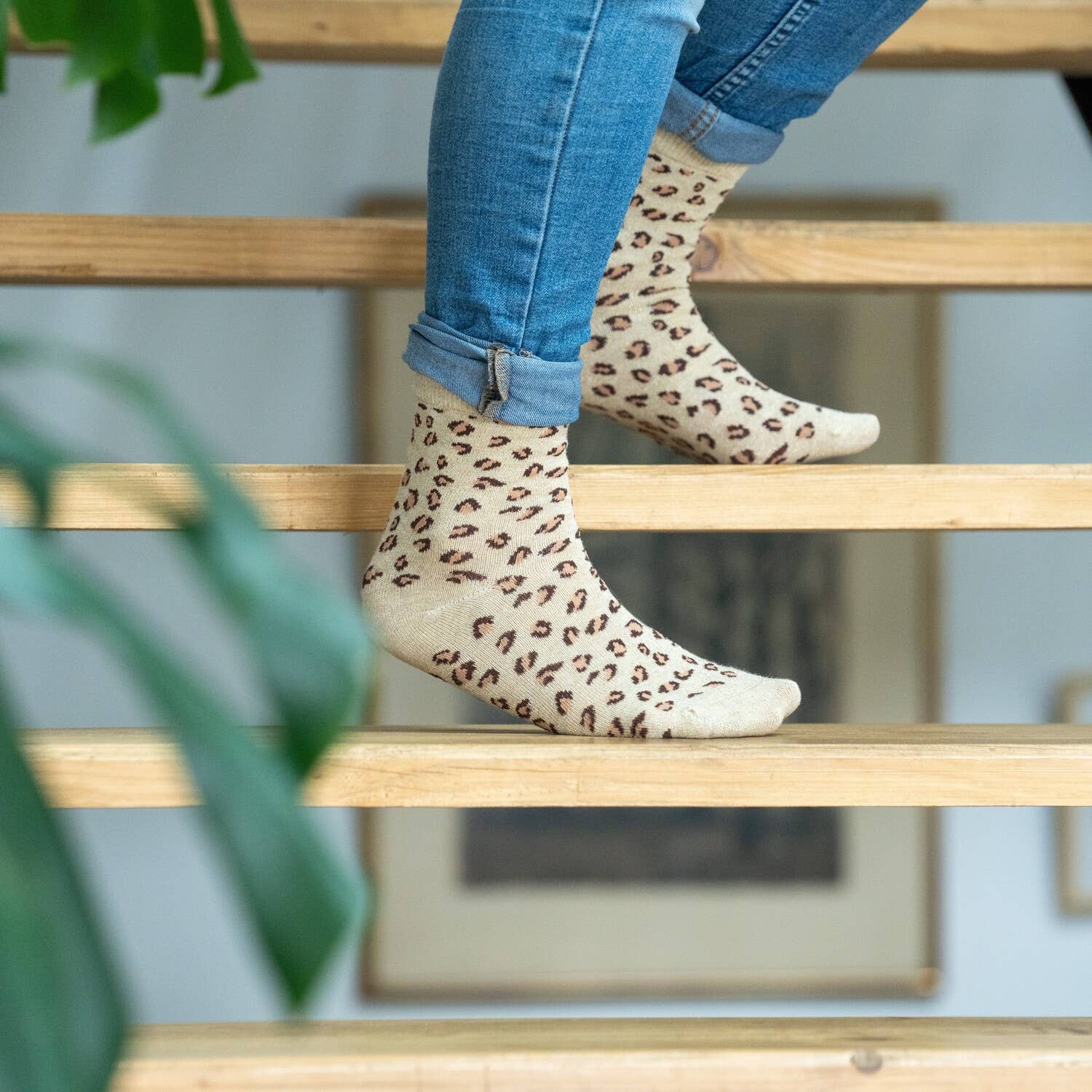 Calzini in cotone pettinato leopardati beige con glitter