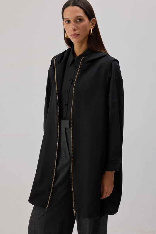 Gilet felpato lungo con zip e cappuccio