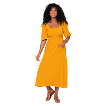 Vestito estivo lungo con maniche corte in cotone e lino