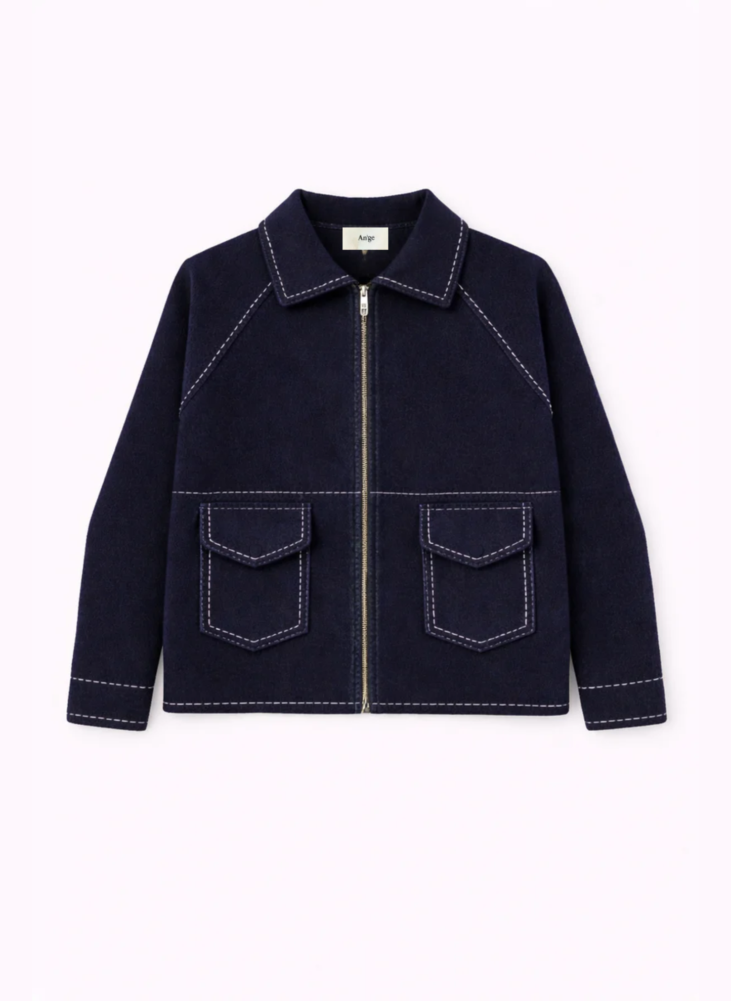 Giacca in pile blu navy con zip e impunture a contrasto