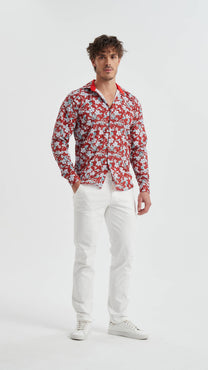 Camicia stretch slim fit rossa a fiori