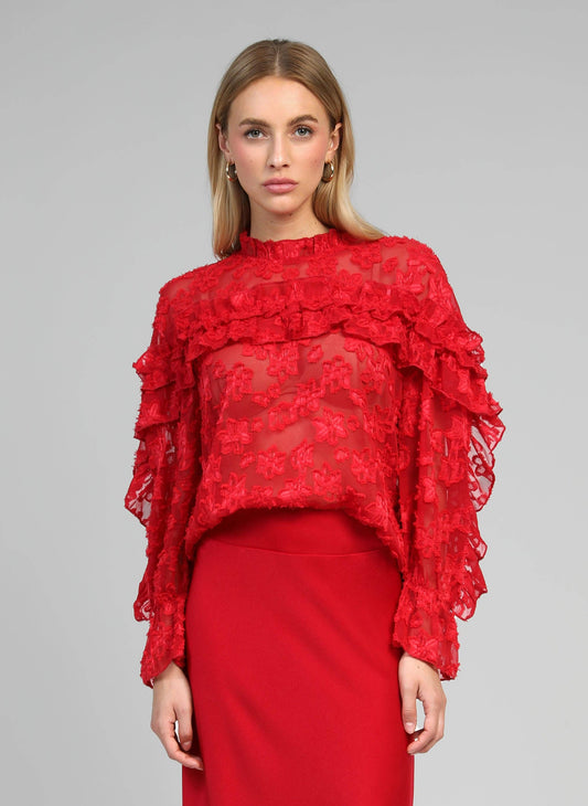 Blusa Soely rossa trasparente jacquard con volant