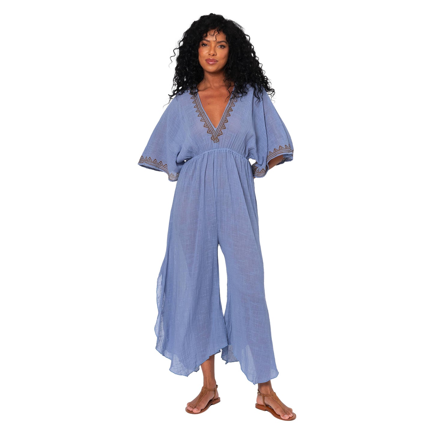 Tuta estiva boho in cotone blu con scollo a V