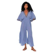 Tuta estiva boho in cotone blu con scollo a V