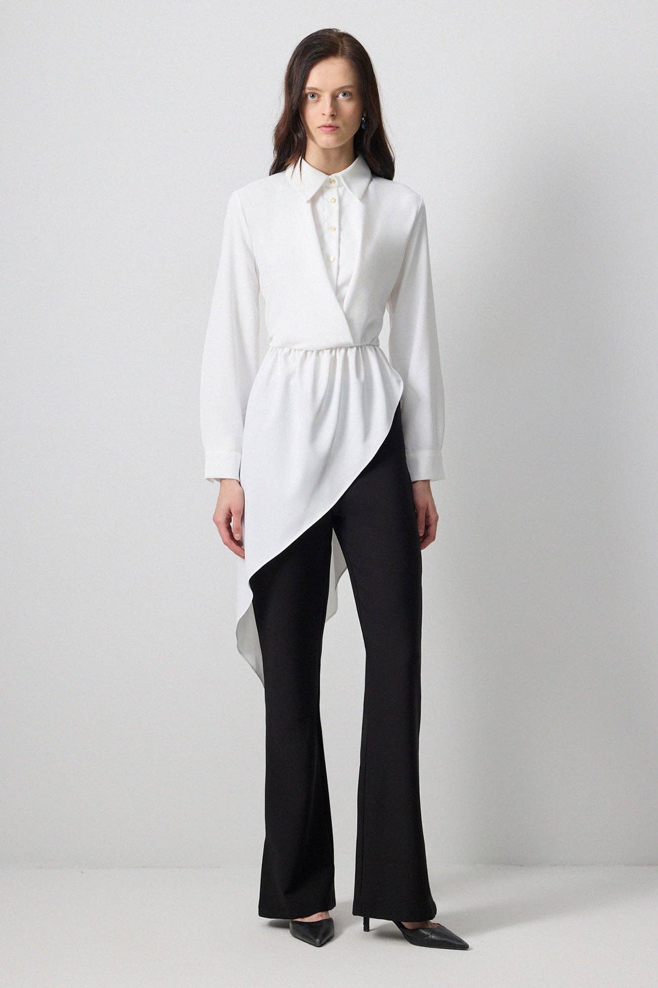 Tunica Camicia Asimmetrica Bianca con Vita Arricciata