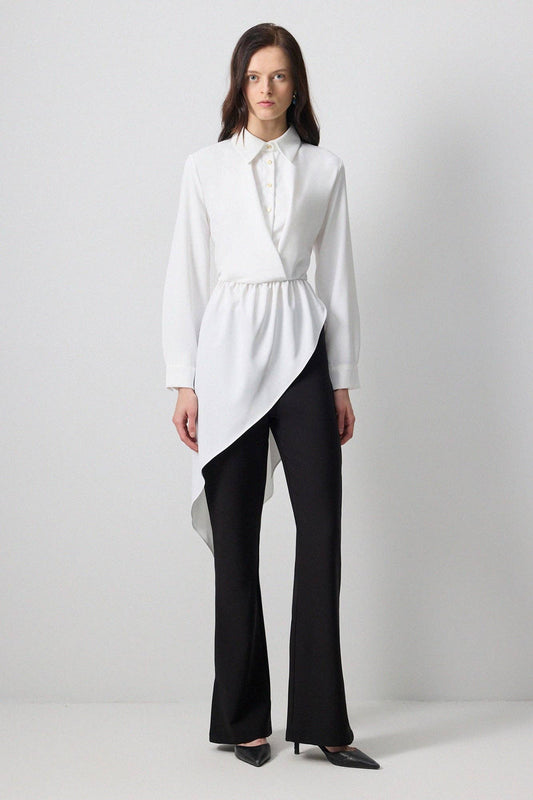 Tunica Camicia Asimmetrica Bianca con Vita Arricciata
