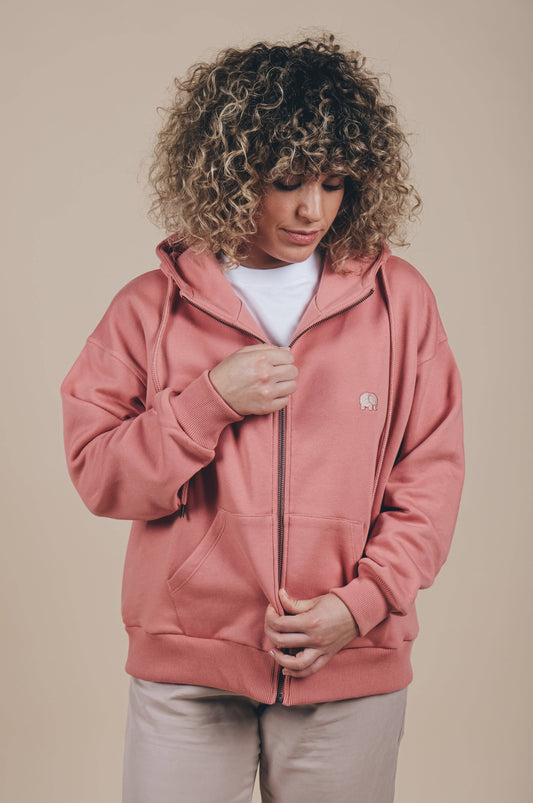 Felpa oversize con cappuccio e zip in cotone biologico rosa