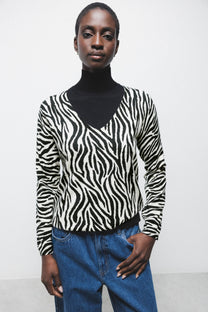 Maglione in maglia con motivo zebra e scollo a V