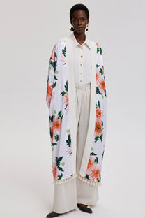 Kimono lungo con frange e stampa floreale