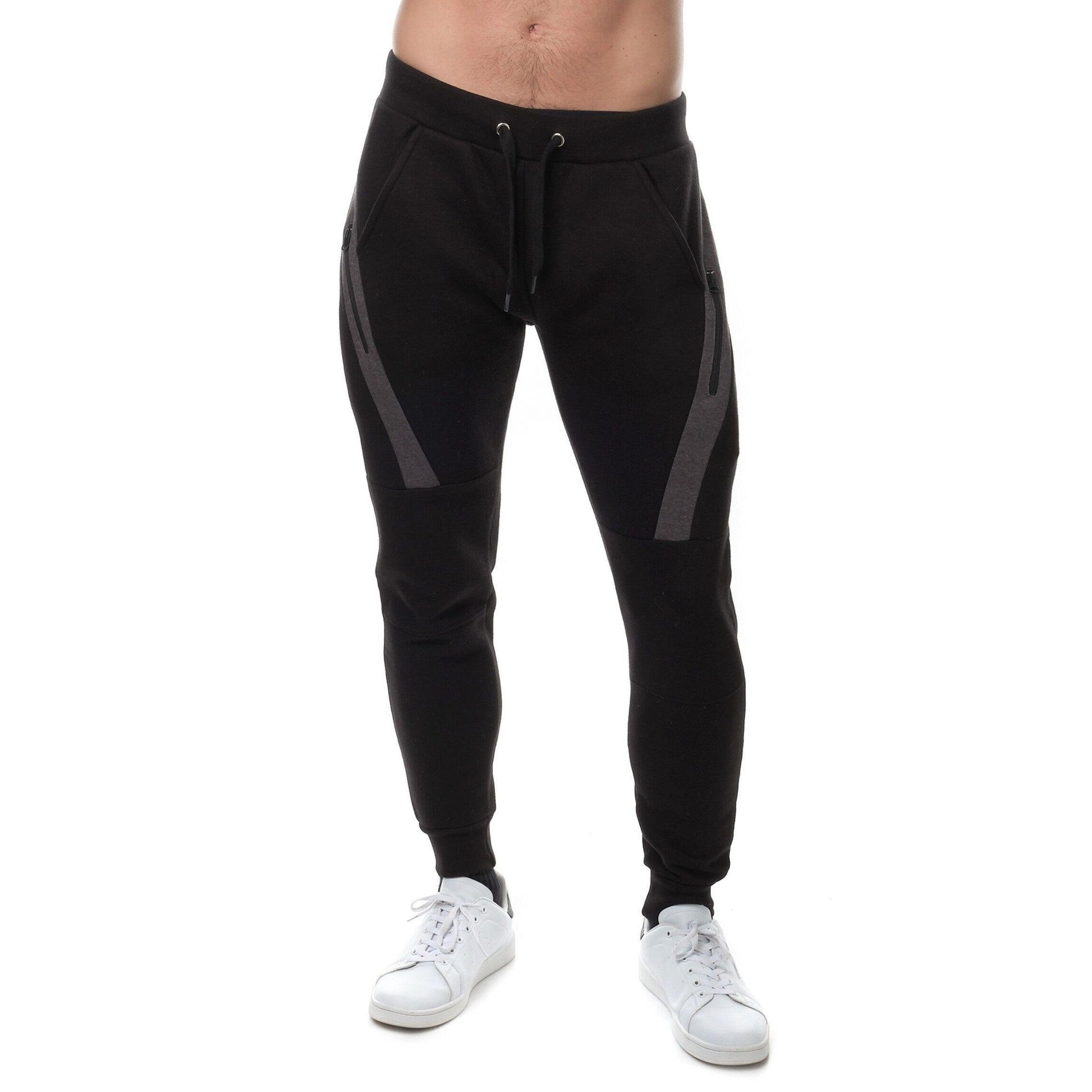 Pantaloni jogger in pile da uomo neri con tasca zip