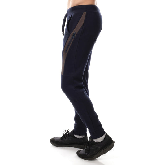 Pantaloni Jogger Uomo in Pile Blu Navy con Tasche Zip