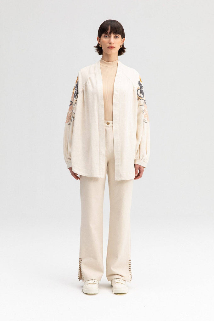 Giacca kimono in lino ricamato