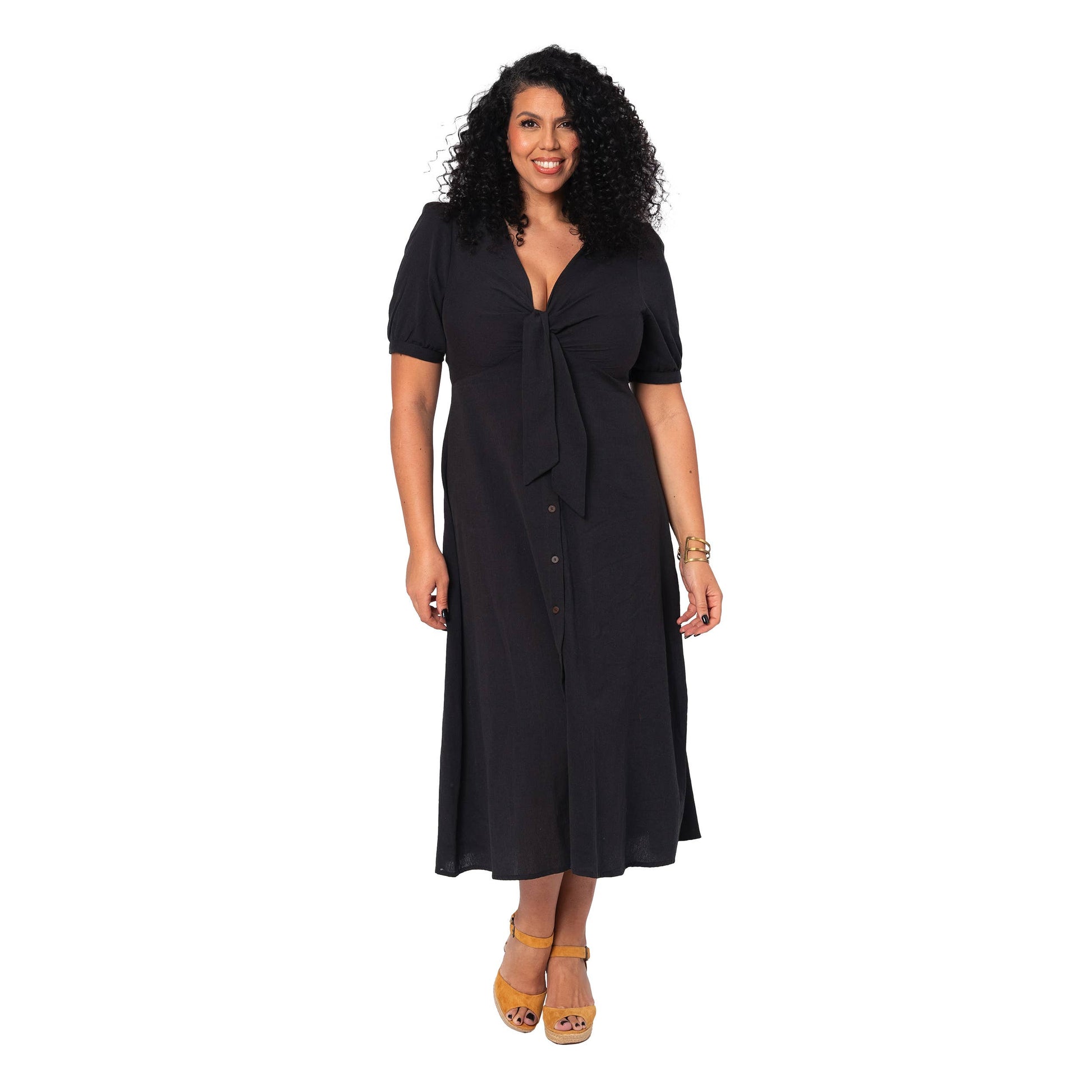 Vestito estivo lungo curvy in cotone e lino nero