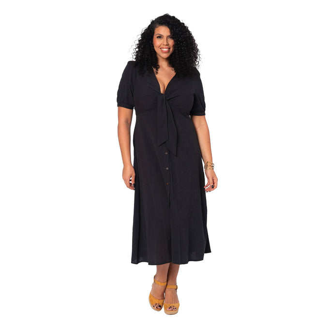 Vestito estivo lungo curvy in cotone e lino nero