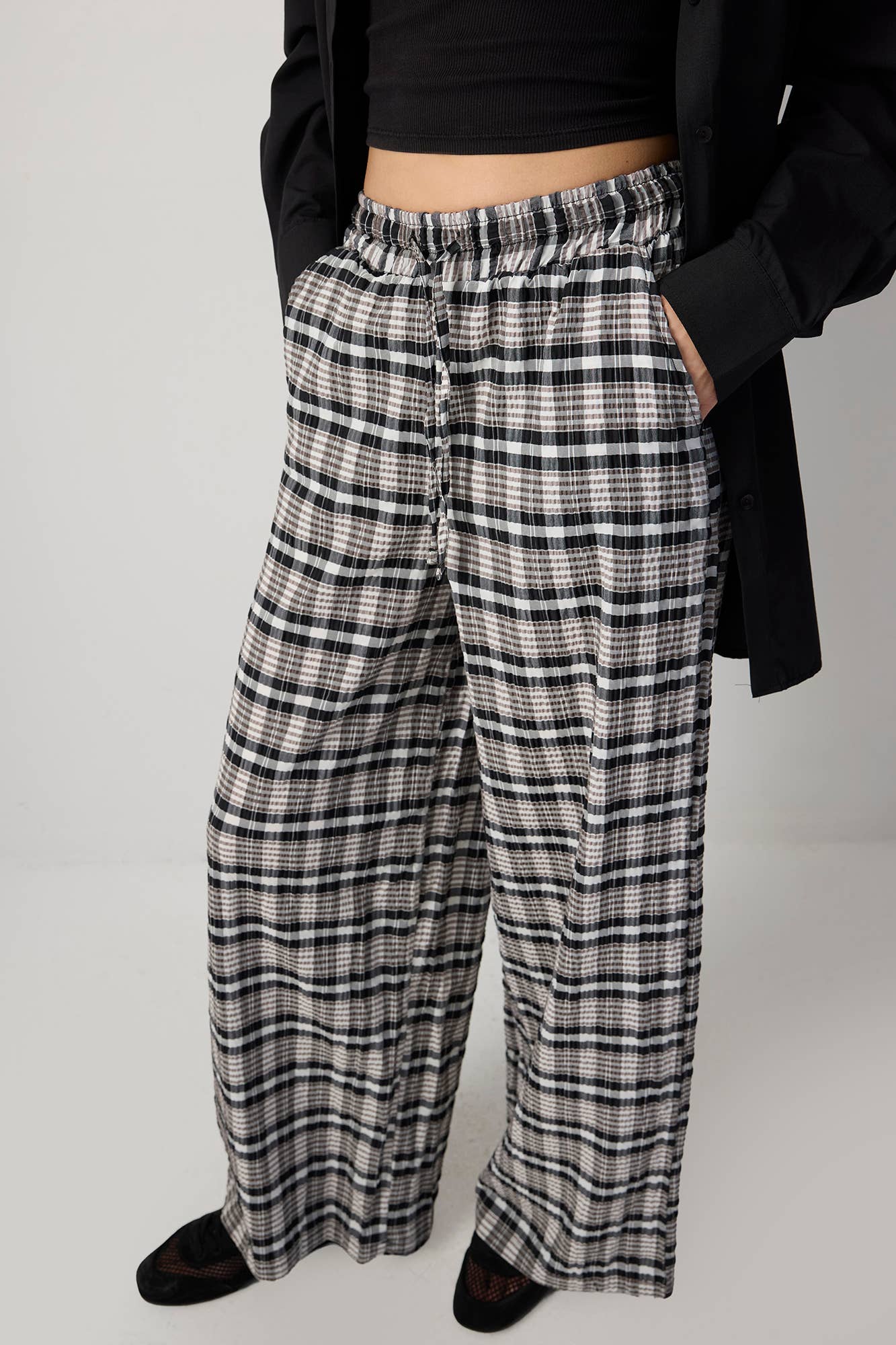 Pantaloni palazzo a quadri con vita elasticizzata in misto viscosa