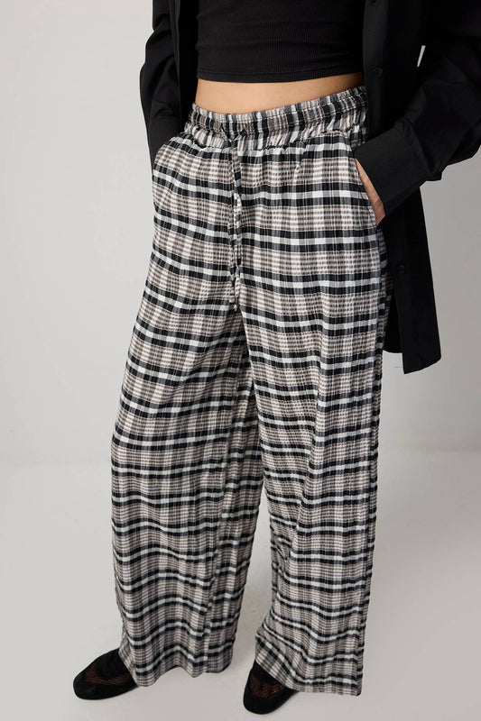 Pantaloni palazzo a quadri con vita elasticizzata in misto viscosa