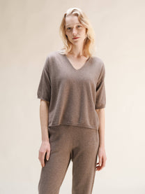T-shirt in misto cashmere a scollo V seamless 3D-knit