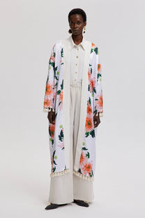 Kimono lungo con frange e stampa floreale