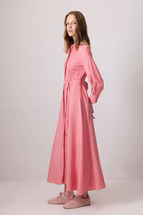 Abito camicia rosa con cintura in misto cotone