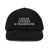 Cappellino in velluto a coste con ricamo “Caviar Oysters & Champagne”
