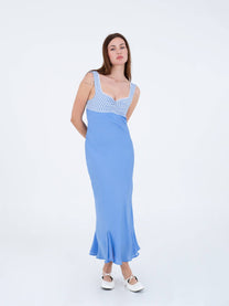 Abito midi azzurro con corpetto vichy