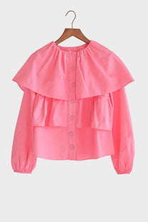 Blusa corta rosa con balze e maniche a sbuffo in misto cotone