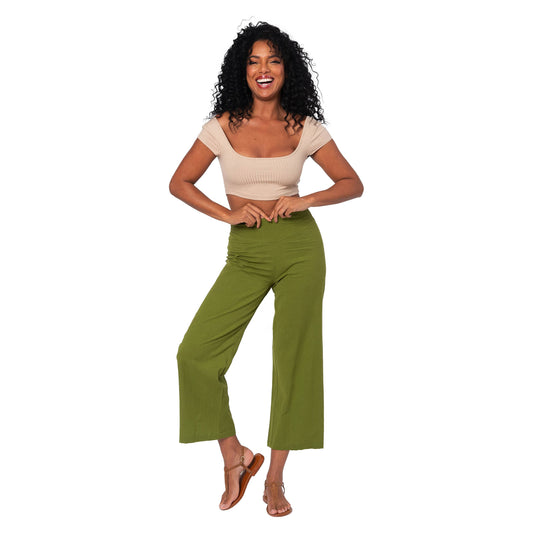 Pantaloni culotte estivi in cotone e lino verde