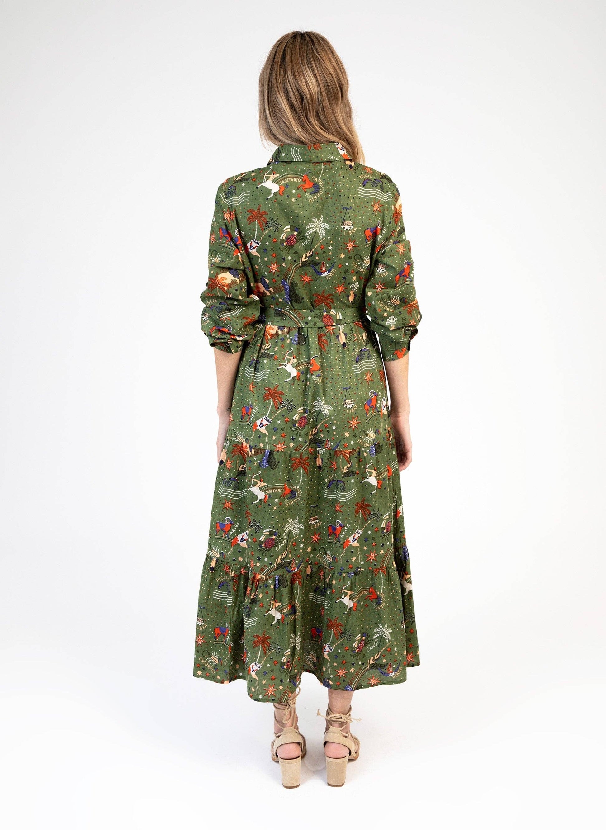 Vestito chemisier lungo in voile di cotone verde oliva