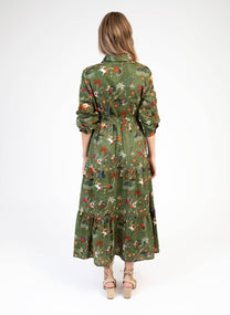 Vestito chemisier lungo in voile di cotone verde oliva