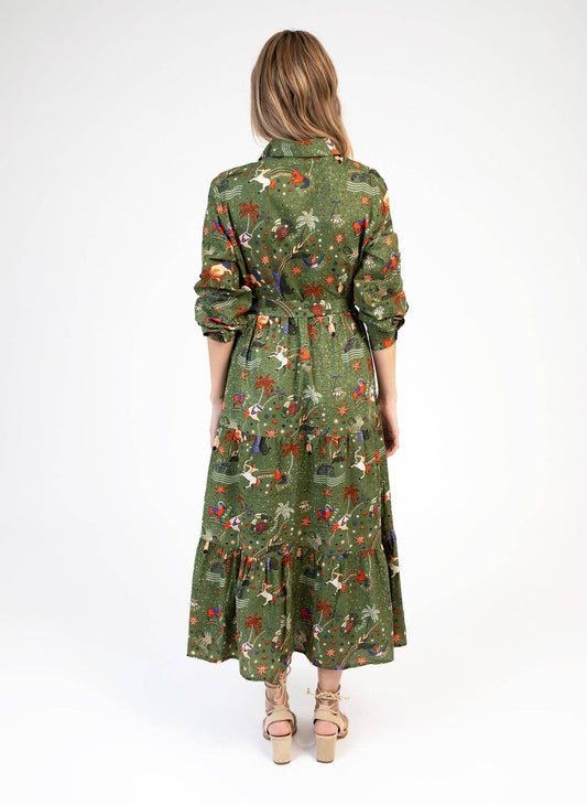 Vestito chemisier lungo in voile di cotone verde oliva
