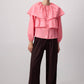 Blusa corta rosa con balze e maniche a sbuffo in misto cotone