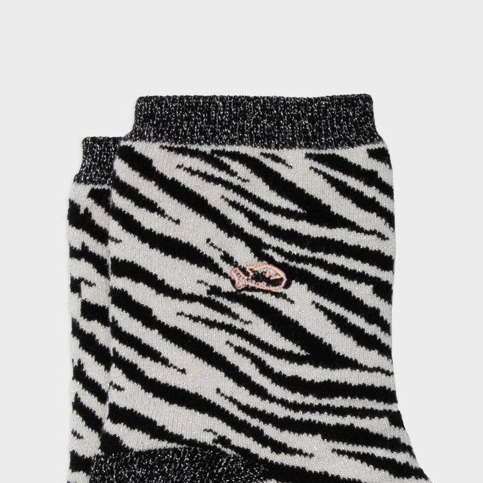 Calze zebra glitterate in cotone pettinato bianco e nero