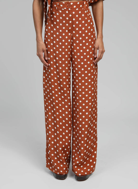 Pantaloni flare a pois caramello a vita alta