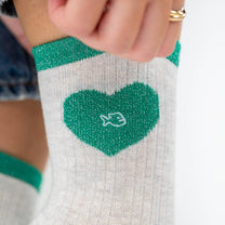 Calzini alla caviglia con cuore scintillante bianco e verde