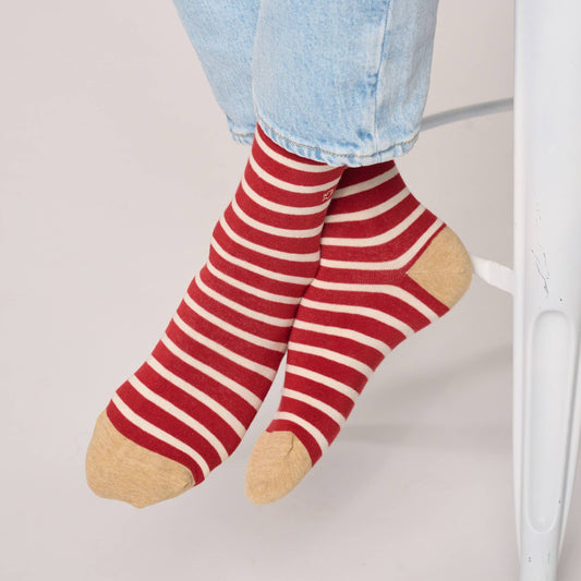 Calzini in cotone pettinato a righe larghe rosso e beige